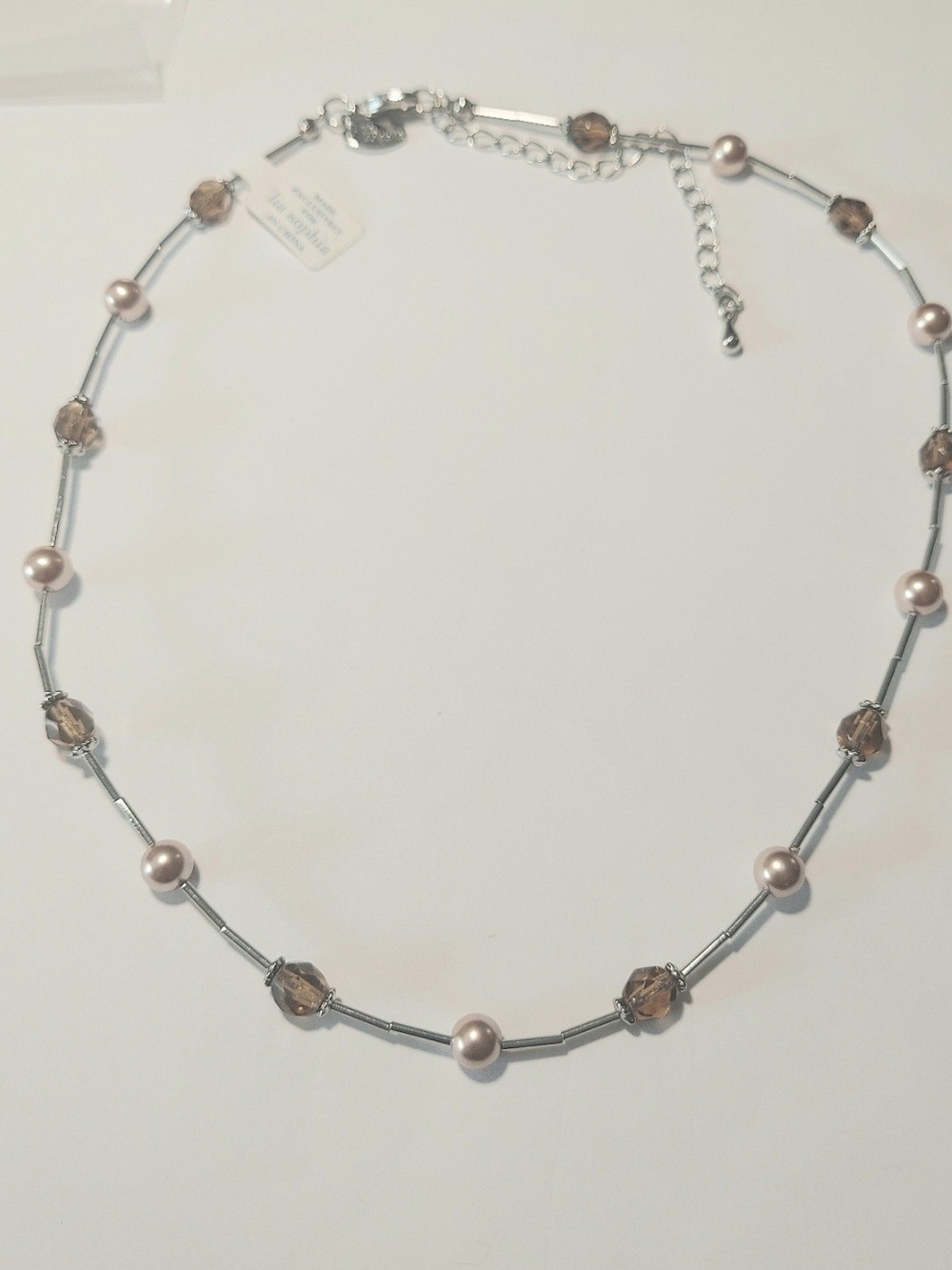 Lia Sophia Brown Sugar Necklace Choker Smoky Topaz Bronze Pearl Silver Tone Y2K